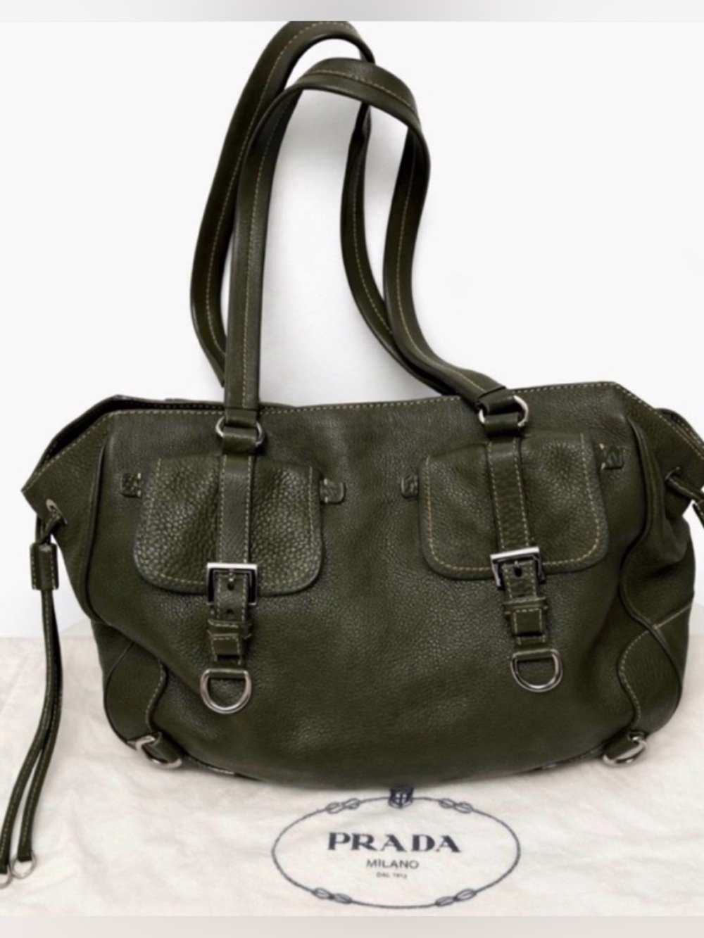 Prada Hunter Green Leather Tote — Silver Hardware • Like New